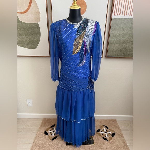 Dresses & Skirts - Vintage Royal Blue Embellished Gown with Bishop Sleeves